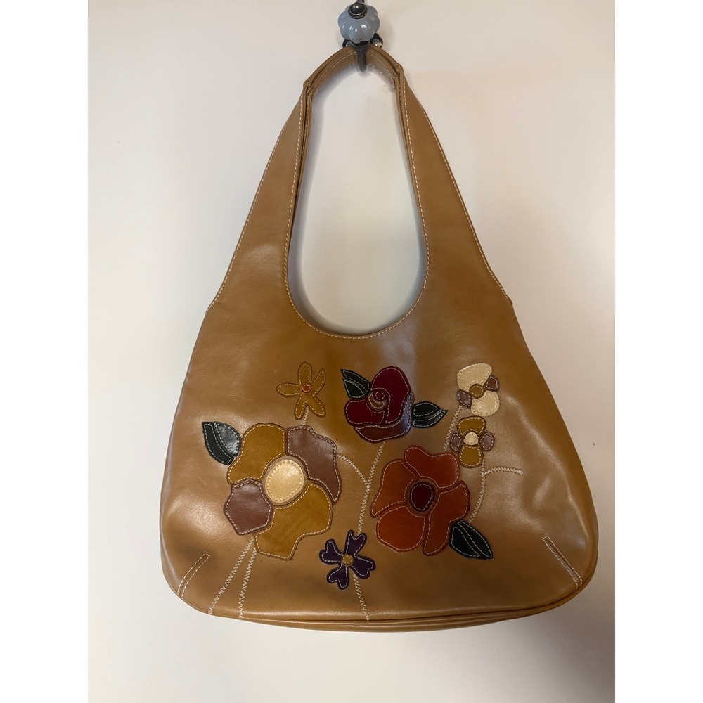 Nine West Tan Faux Leather Floral Applique Hobo Shoulder Bag Handbag Y2K Style